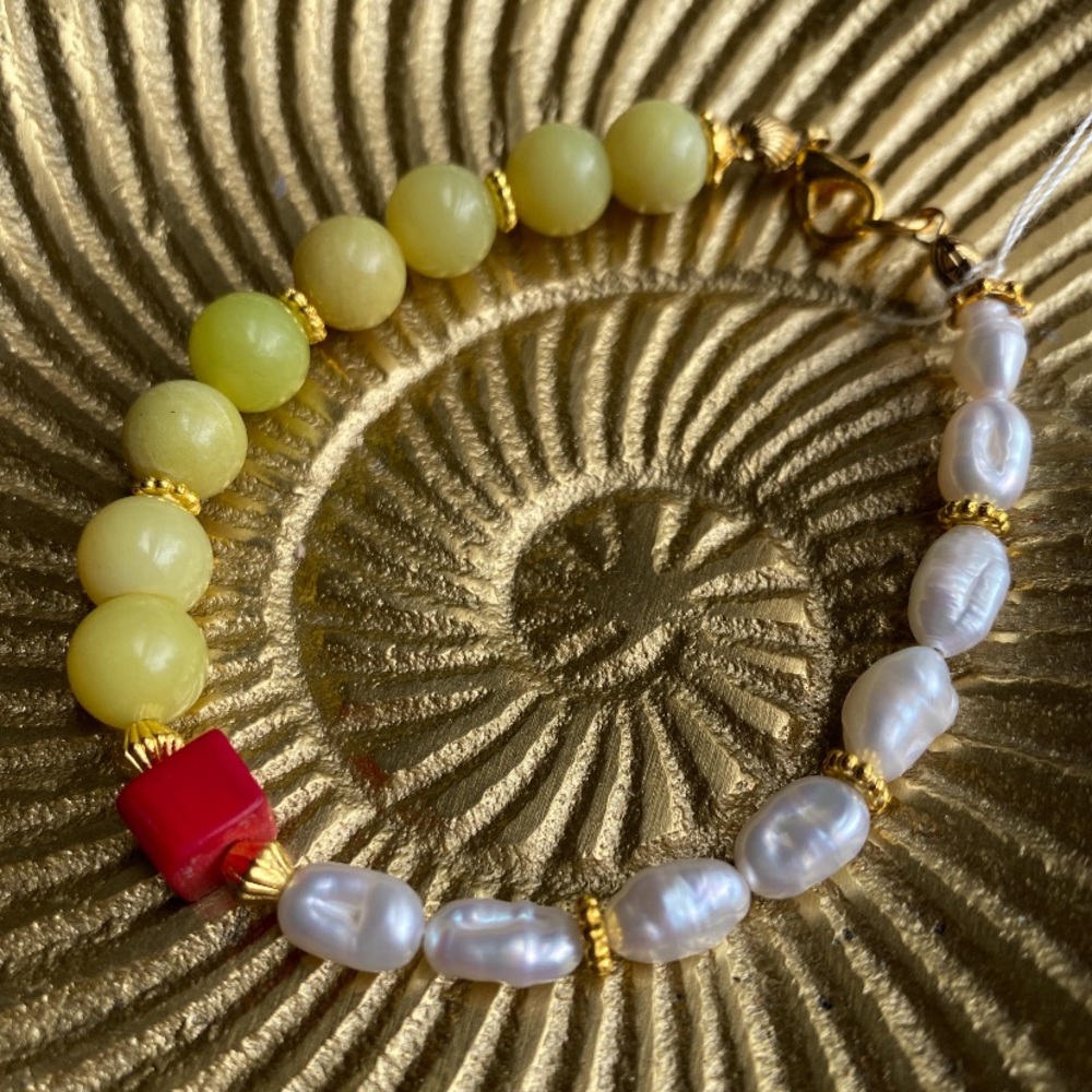 Handmade Lemon Jade, Rice Pearl with Cube Coral Bracelet